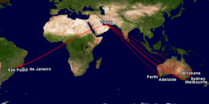 Australia to Brazil via Dubai with Emirates